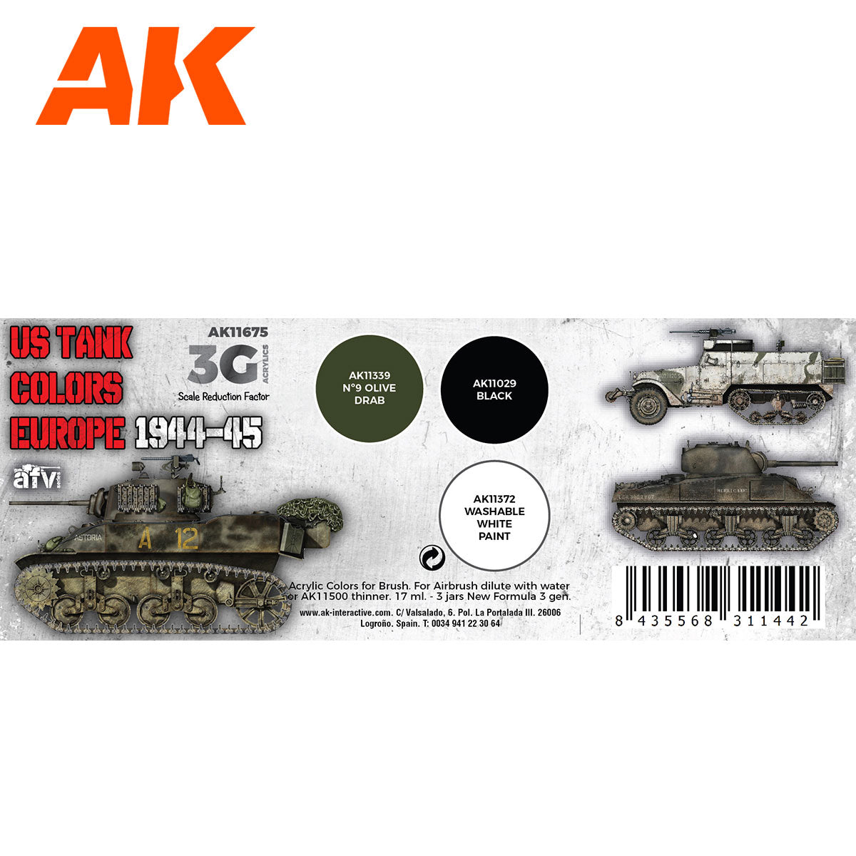 AK Interactive 3rd Gen AFV Paint Set - US Tank Colors Europe 1944-45 (AK11675)