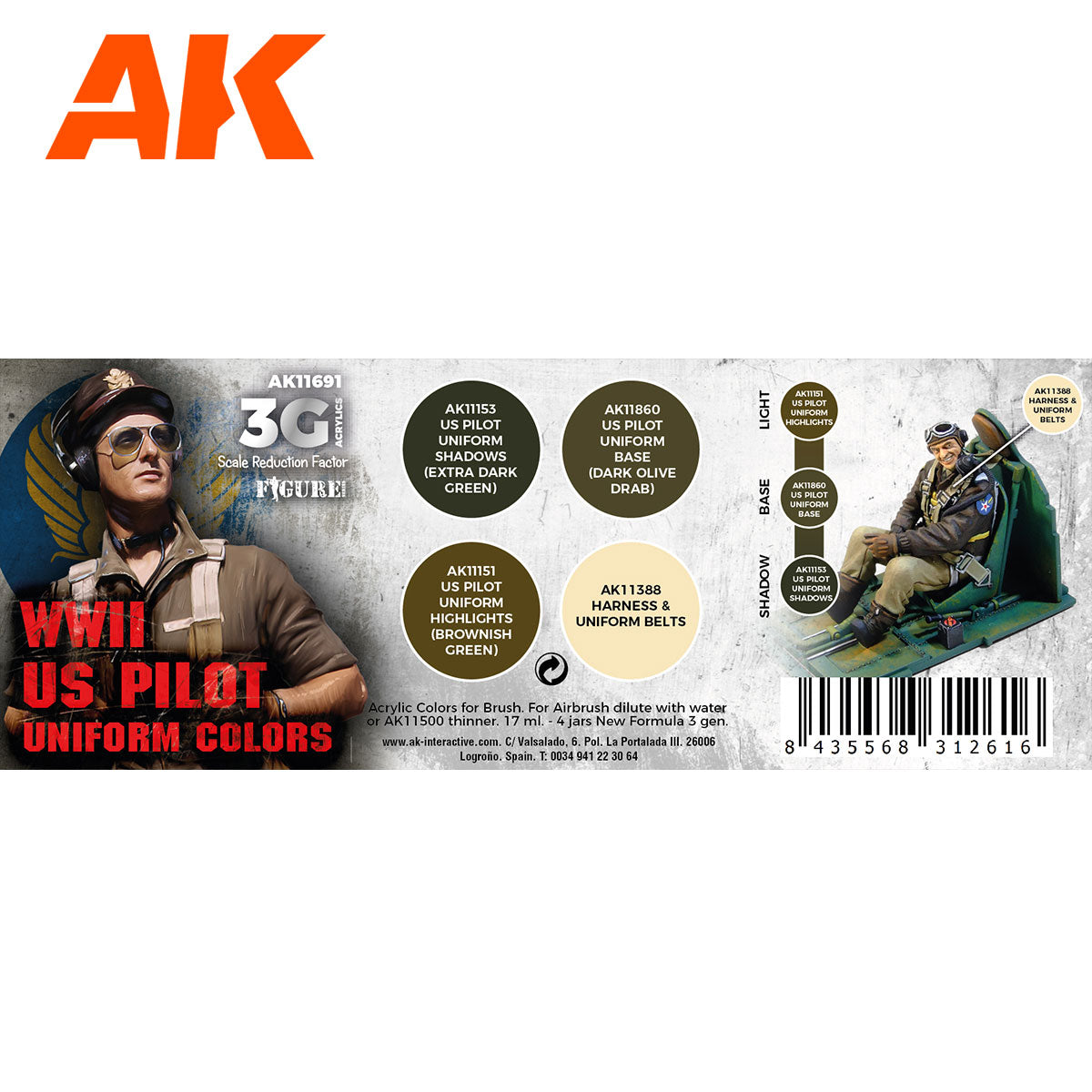 AK Interactive 3rd Gen Aircraft Paint Set - WWII US Uniform Colors (AK11691)