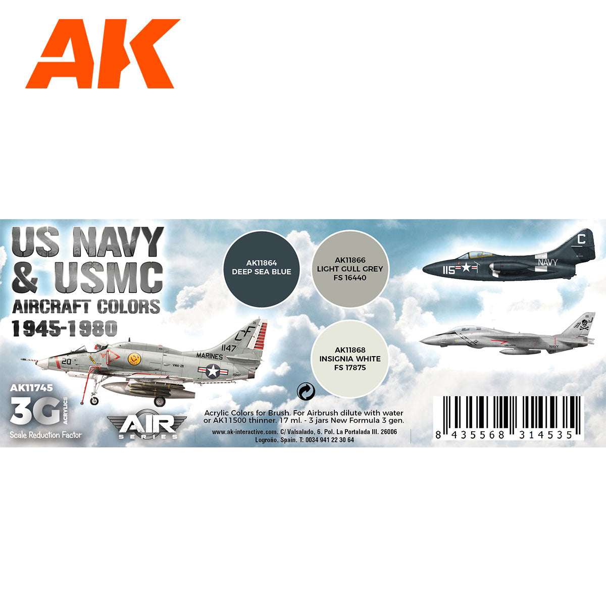 AK Interactive 3rd Gen Aircraft Paint Set - US Navy & USMC Aircraft Colors 1945-1980 Set (AK11745)