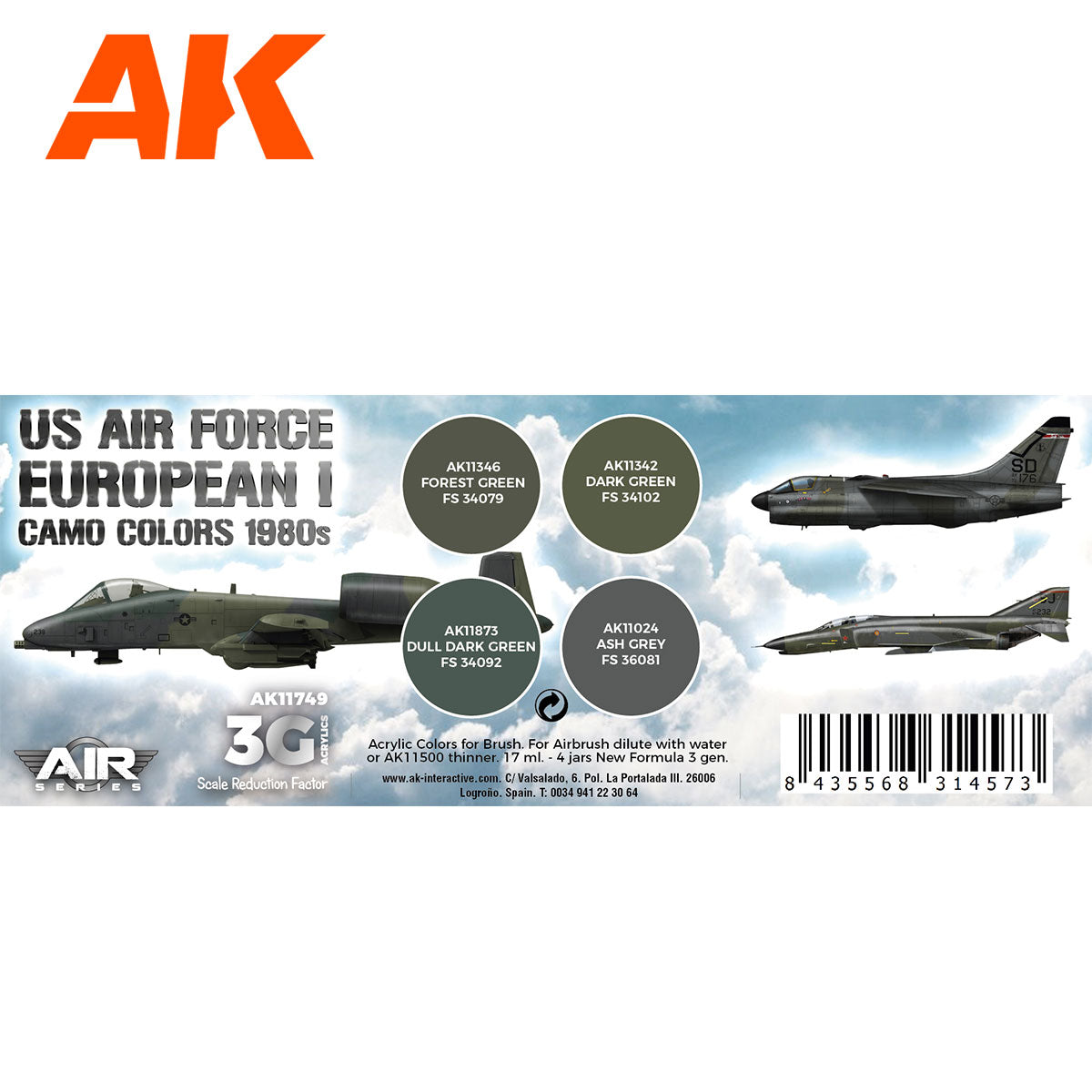 AK Interactive 3rd Gen Aircraft Paint Set - US Air Force European Camo Colors 1980s Set (AK11749)