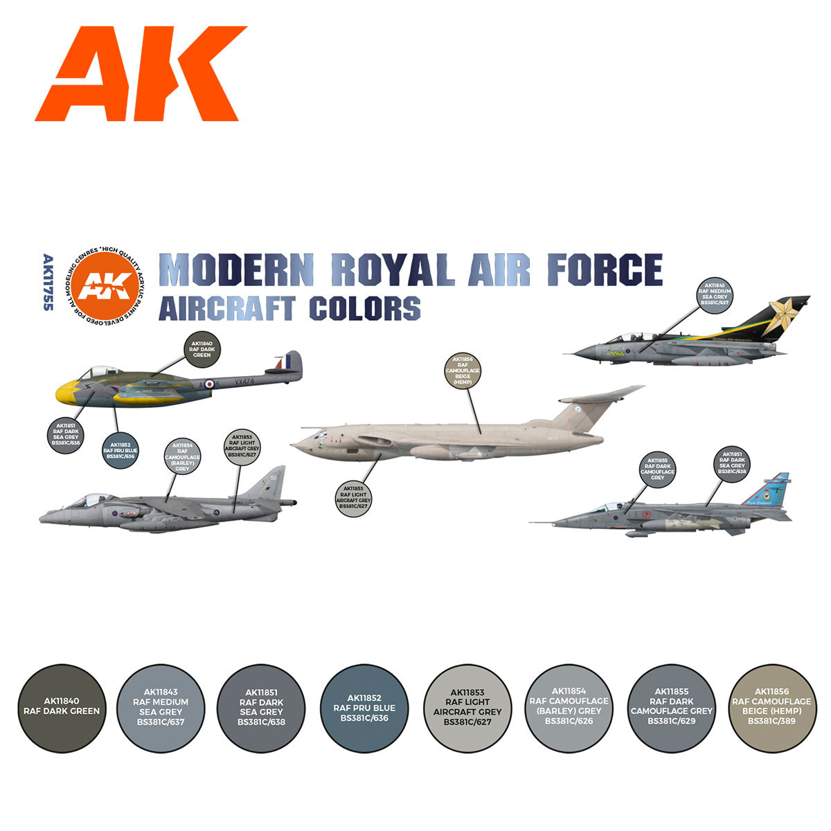 AK Interactive 3rd Gen Aircraft Paint Set - Modern Royal Air Force Aircraft Colors Set (AK11755)