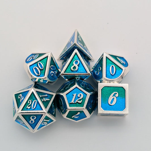 Dual Tone Green Blue and Silver Metal Core Dice Set