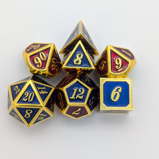 Simple Red Blue and Gold Metal Core Dice Set