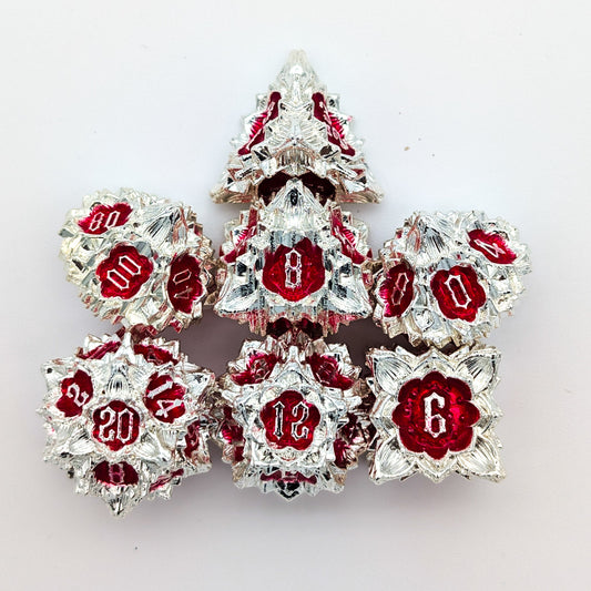 Flower Silver and Red Metal Core Dice Set