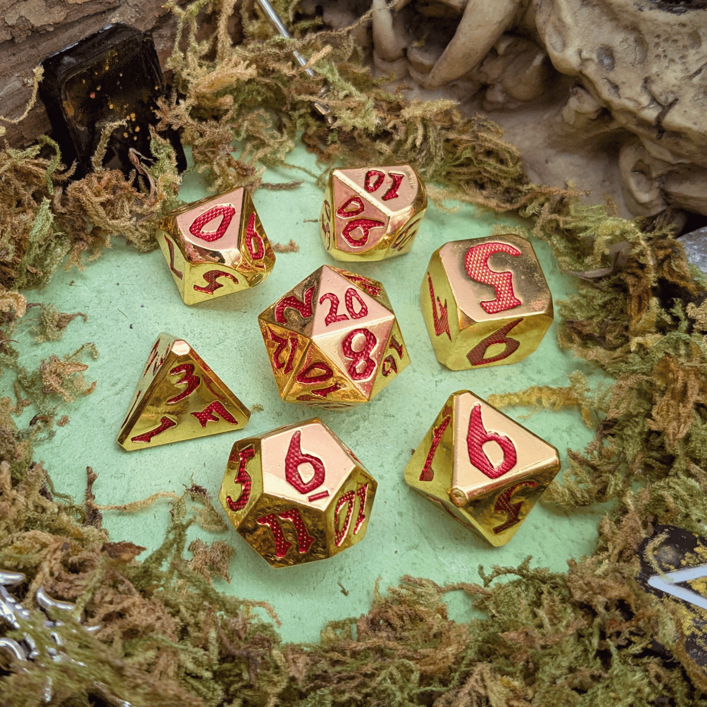 Large Number Gold and Red Metal Core Dice Set