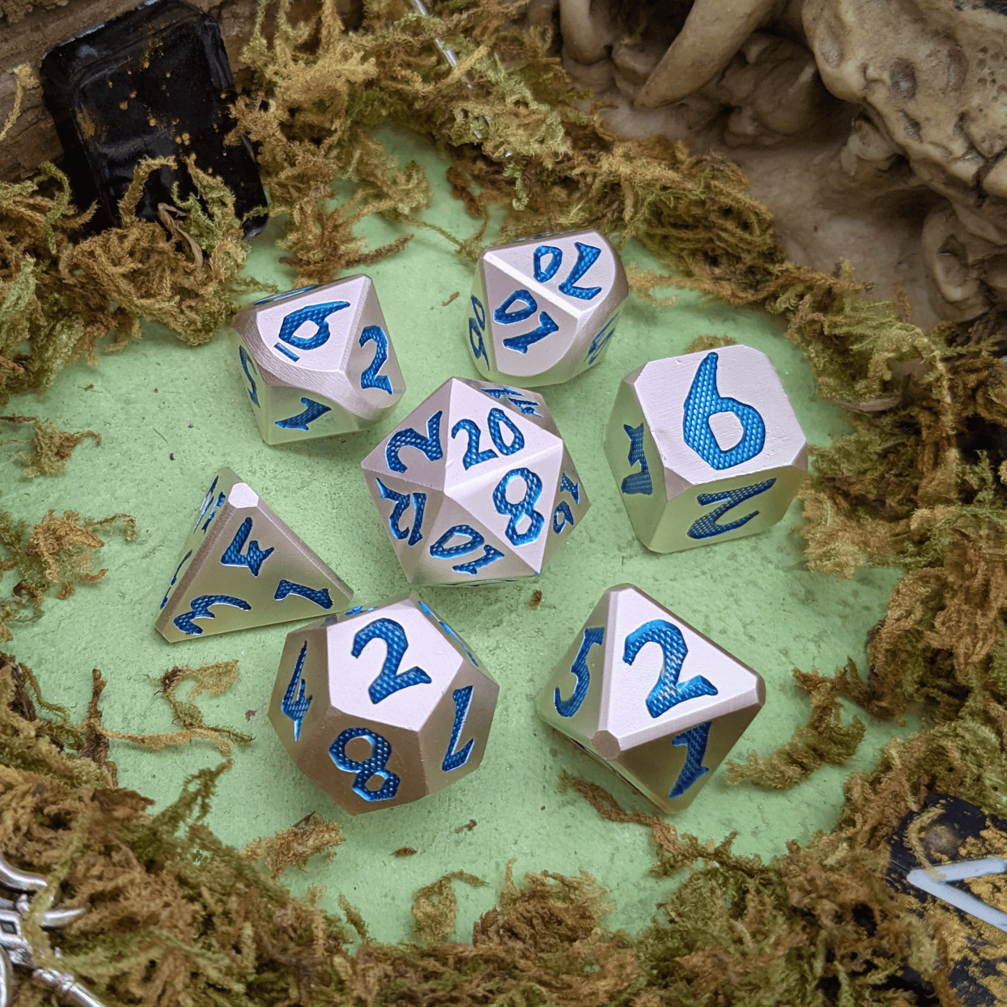 Large Number Silver and Blue Metal Core Dice Set