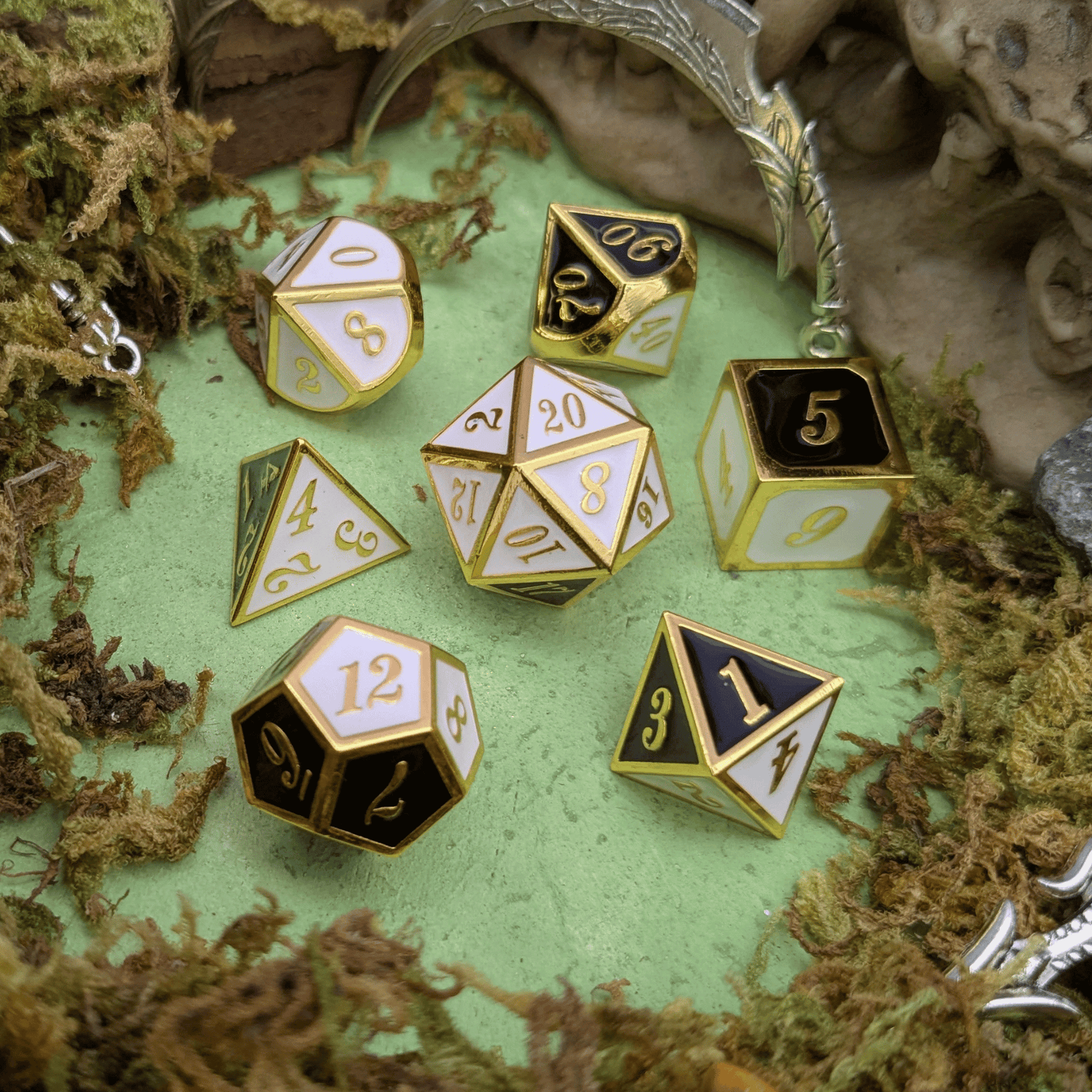 Dual Tone Black White and Gold Metal Core Dice Set