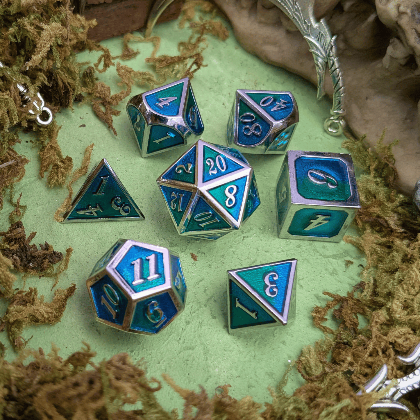 Dual Tone Green Blue and Silver Metal Core Dice Set