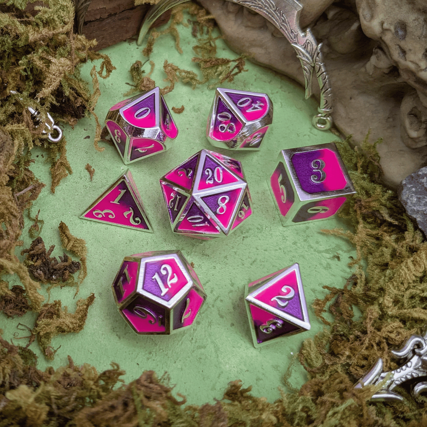Dual Tone Pink Purple and Silver Metal Core Dice Set