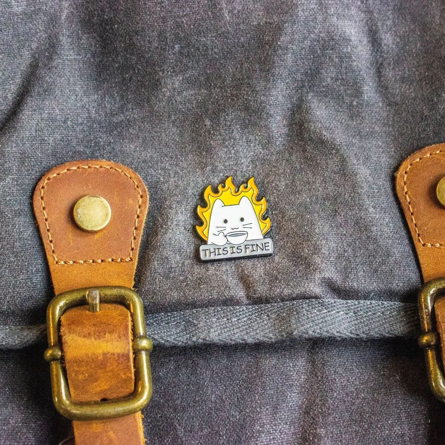This Is Fine White Cat Pin
