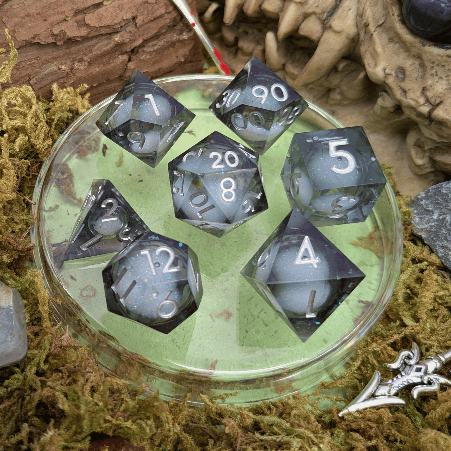Shimmer Black and Silver Liquid Core Dice Set