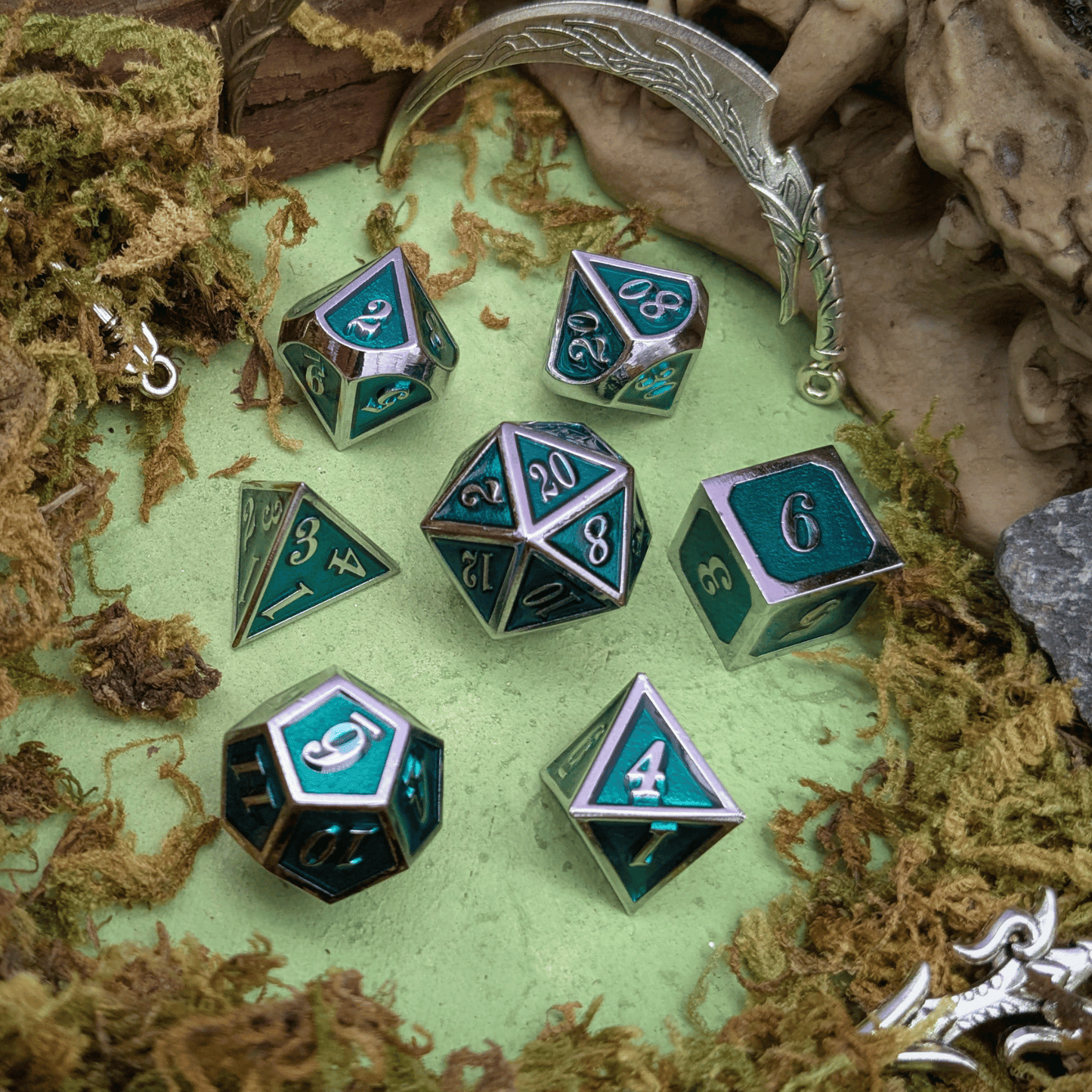 Simple Green and Silver Metal Core Dice Set