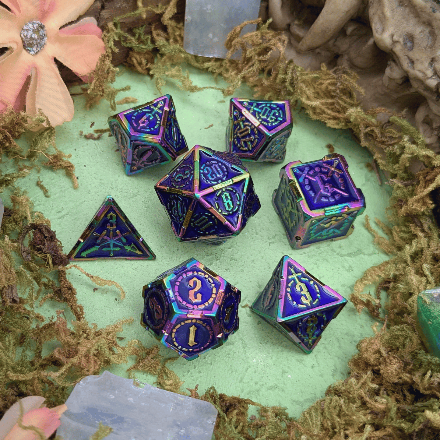 Swords Blue and Rainbow Metal Core Dice Set