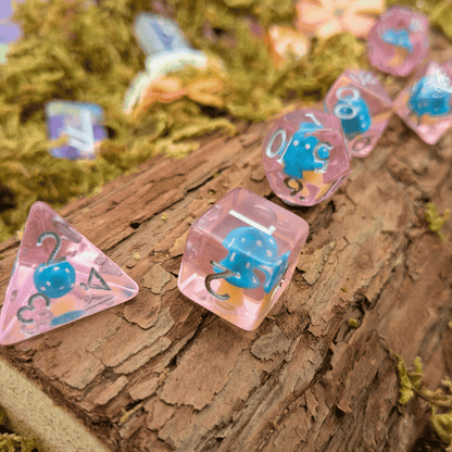 Pink with Blue Mushroom Dice Set