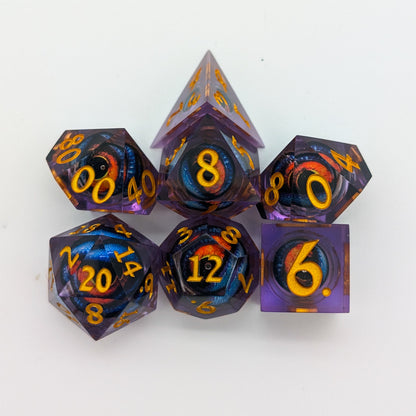 Dragon Eye Purple and Orange Liquid Core Dice Set