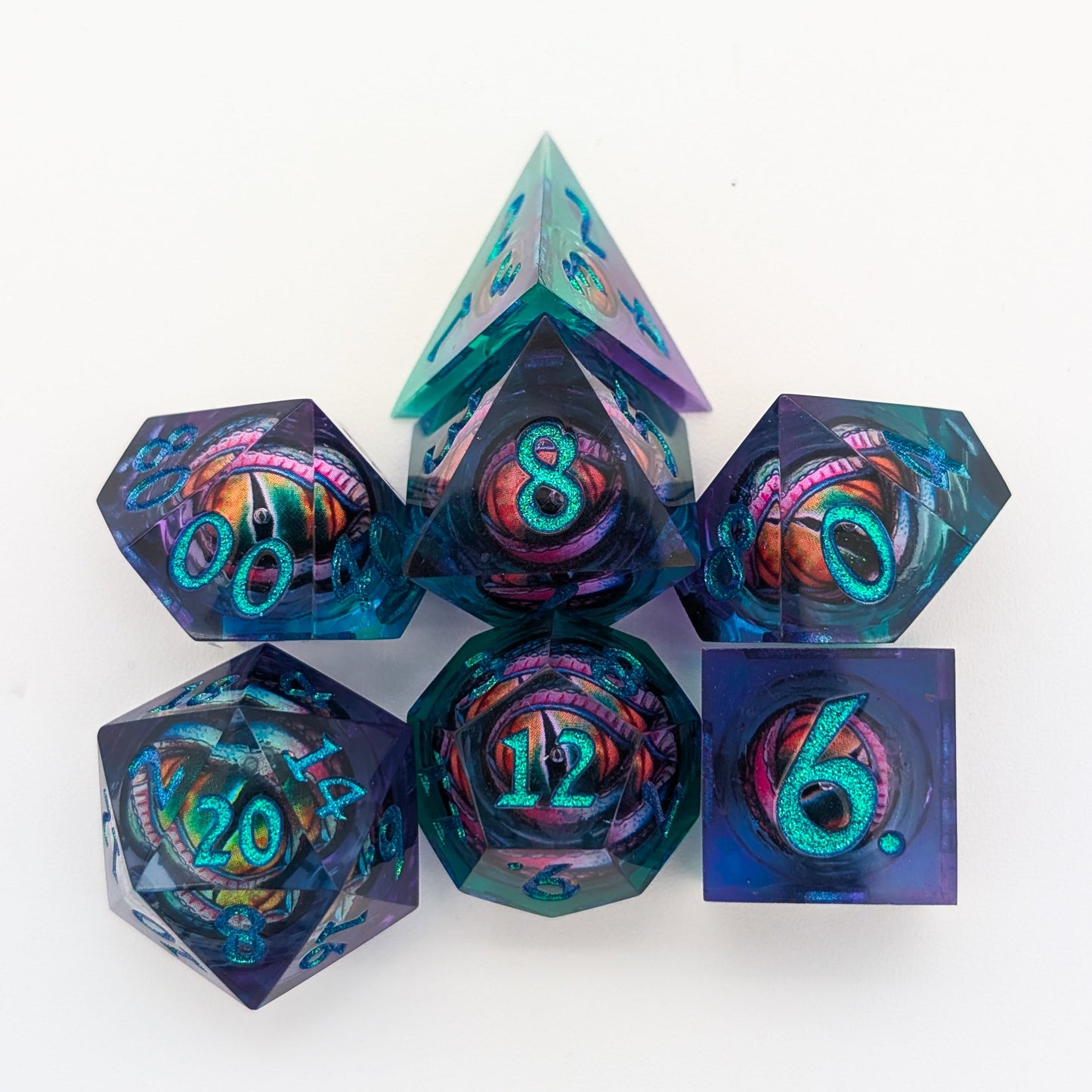 Purple Green Dragon Eye Liquid Core Dice Set