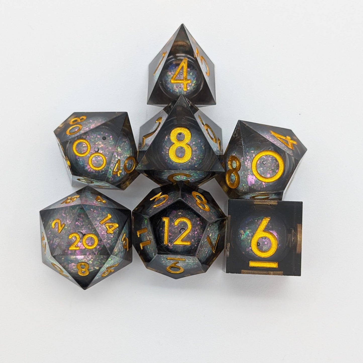 Black Liquid Core Shimmer Dice with Gold Numbering