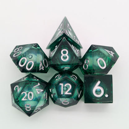 Shimmer Green and Silver Liquid Core Dice Set