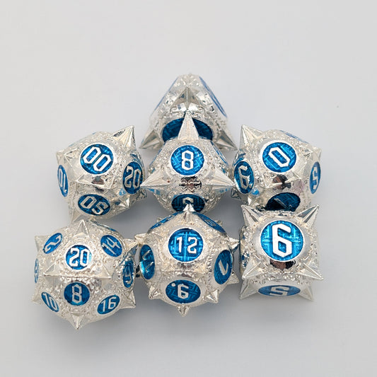 Caltrops Silver and Blue Metal Core Dice Set