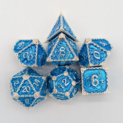Dragon Blue and Silver Metal Core Dice Set