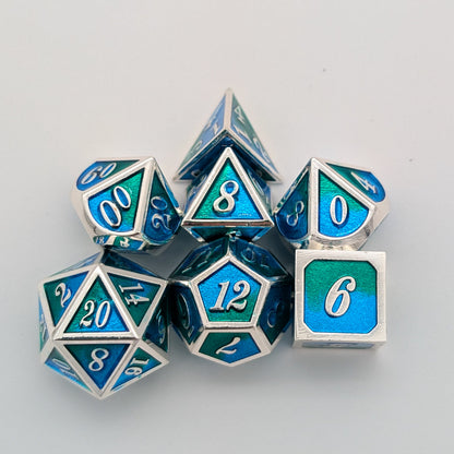 Dual Tone Green Blue and Silver Metal Core Dice Set