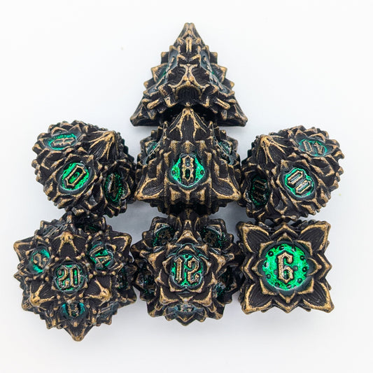 Flower Brass and Green Metal Core Dice Set
