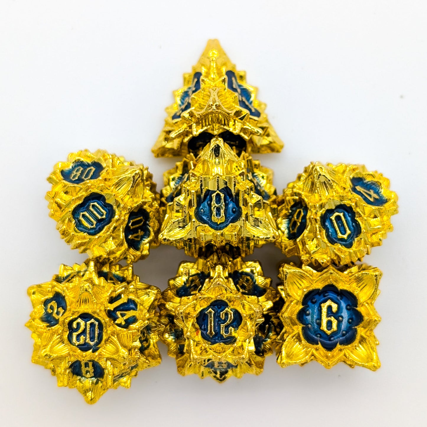Flower Gold and Blue Metal Core Dice Set