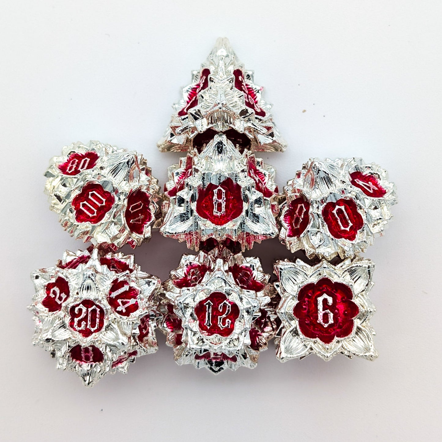 Flower Silver and Red Metal Core Dice Set