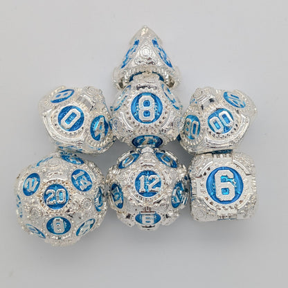 Gears Silver and Blue Metal Core Dice Set