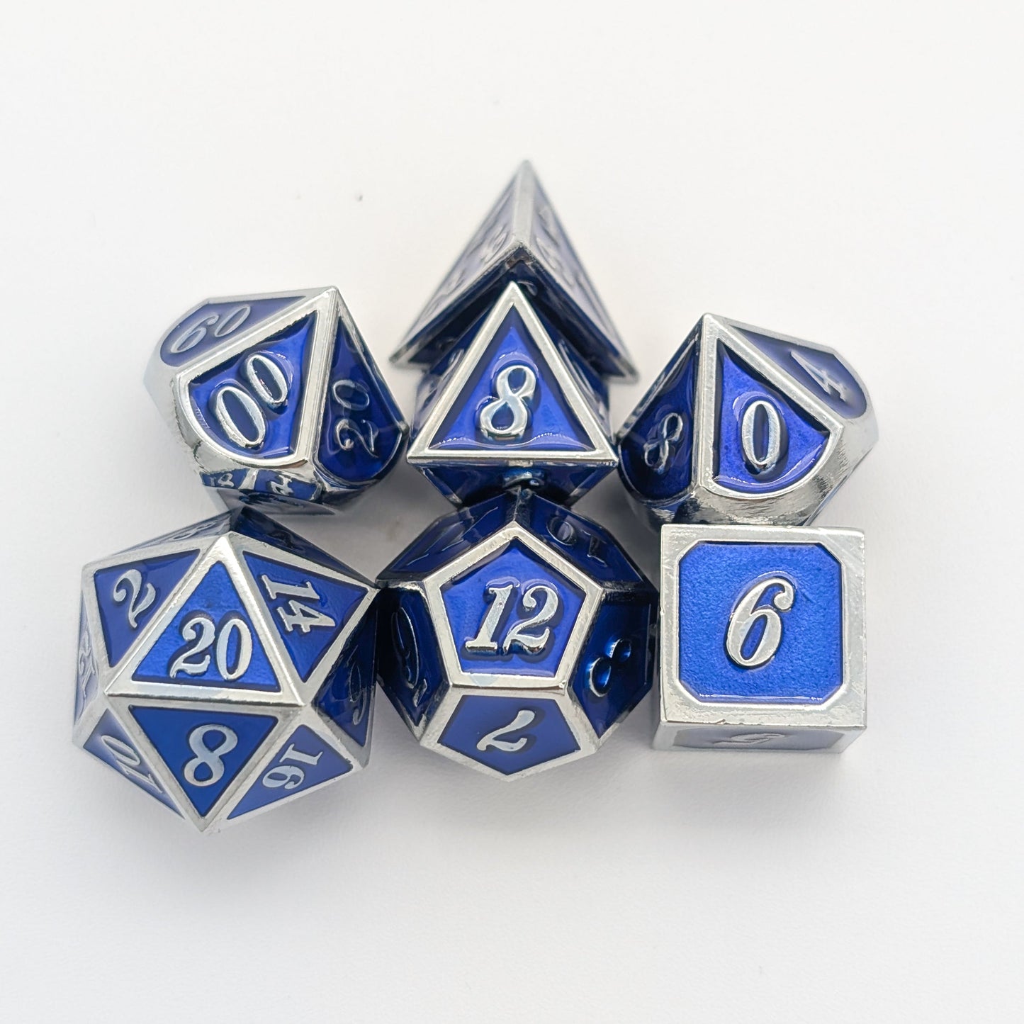 Simple Dark Blue and Silver Metal Core Dice Set