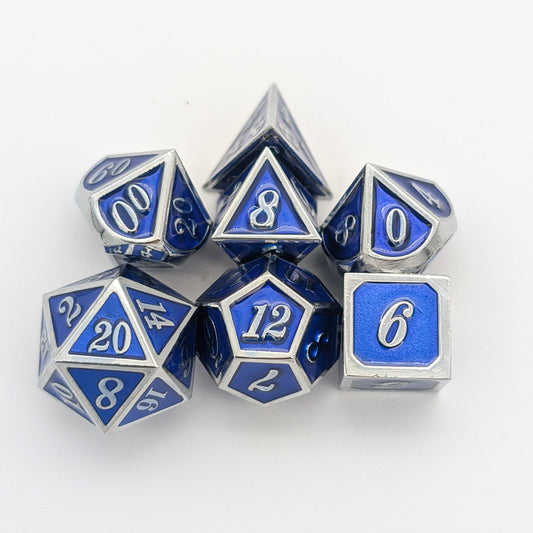 Simple Dark Blue and Silver Metal Core Dice Set