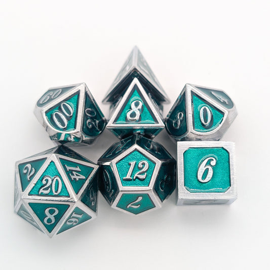 Simple Green and Silver Metal Core Dice Set