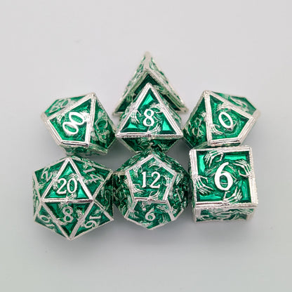 Skeleton Green and Silver Metal Core Dice Set