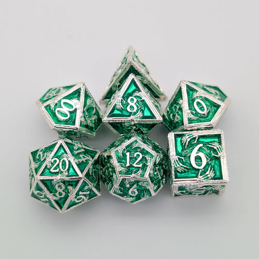 Skeleton Green and Silver Metal Core Dice Set