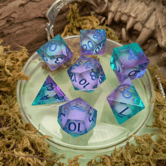 Shimmer Blue and Purple Liquid Core Dice Set