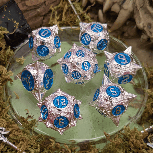 Caltrops Silver and Blue Metal Core Dice Set
