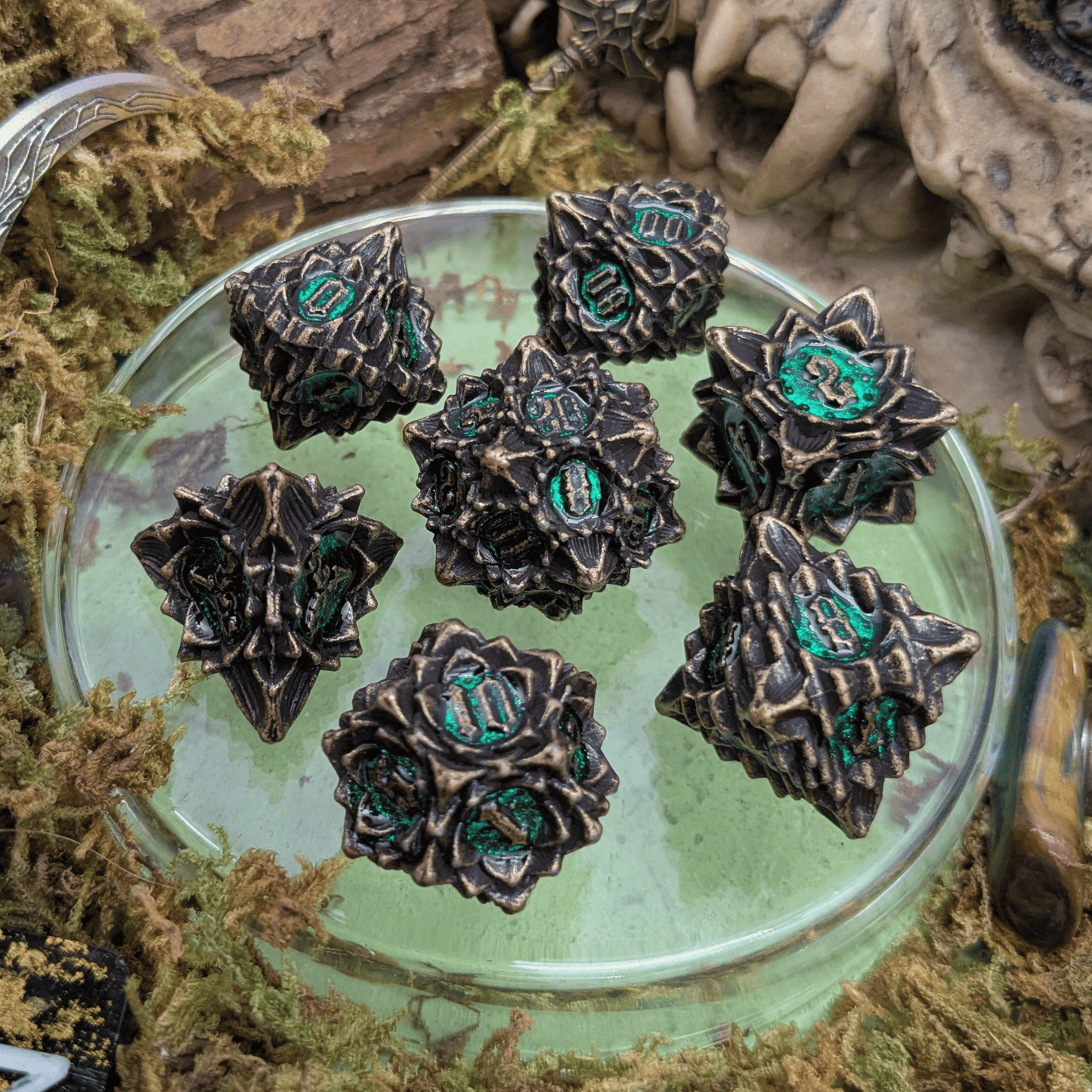 Flower Brass and Green Metal Core Dice Set