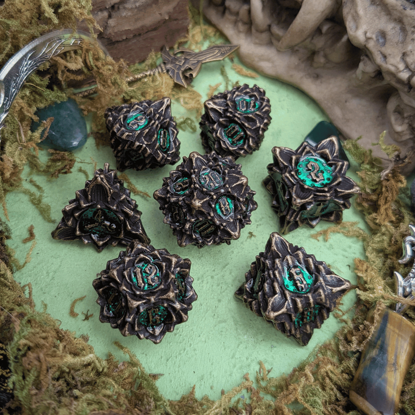 Flower Brass and Green Metal Core Dice Set