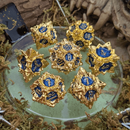 Flower Gold and Blue Metal Core Dice Set