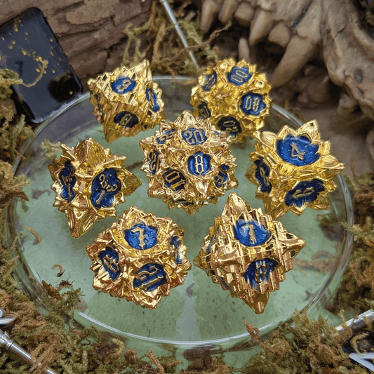 Flower Gold and Blue Metal Core Dice Set