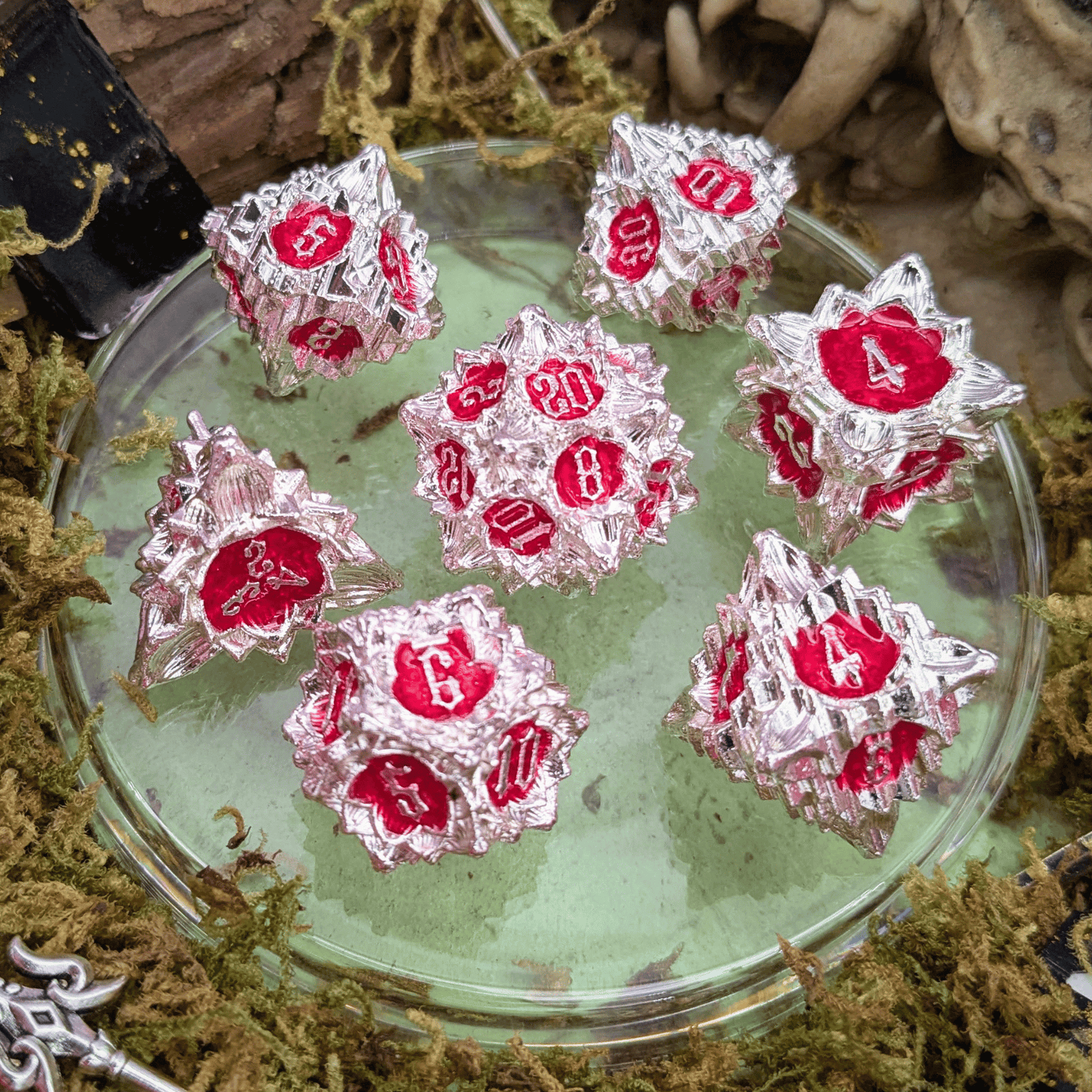 Flower Silver and Red Metal Core Dice Set