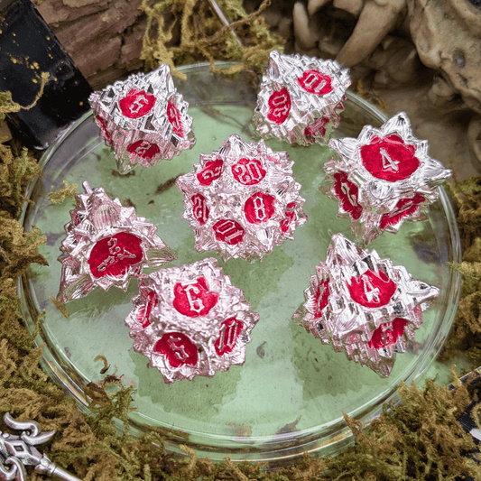 Flower Silver and Red Metal Core Dice Set