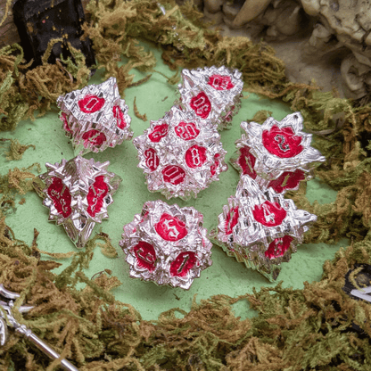 Flower Silver and Red Metal Core Dice Set