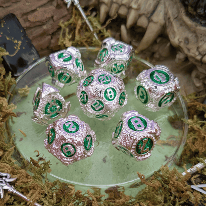 Gears Silver and Green Metal Core Dice Set