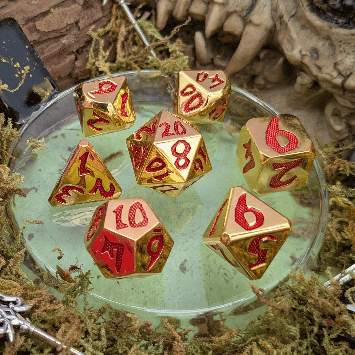 Large Number Gold and Red Metal Core Dice Set