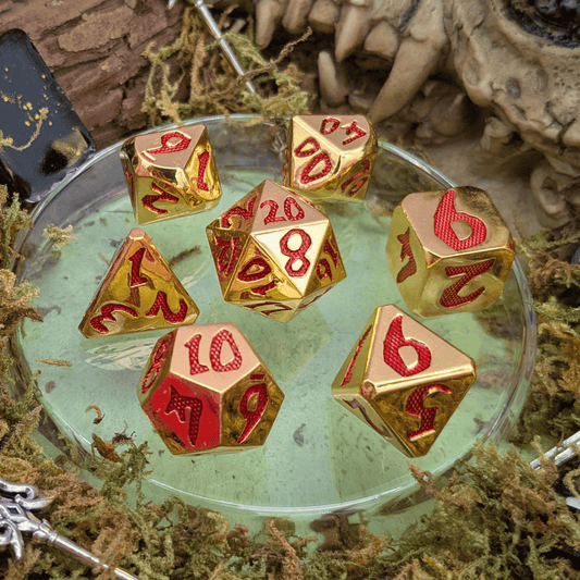 Large Number Gold and Red Metal Core Dice Set
