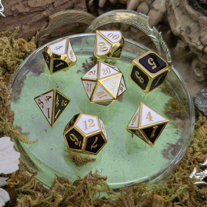 Dual Tone Black White and Gold Metal Core Dice Set