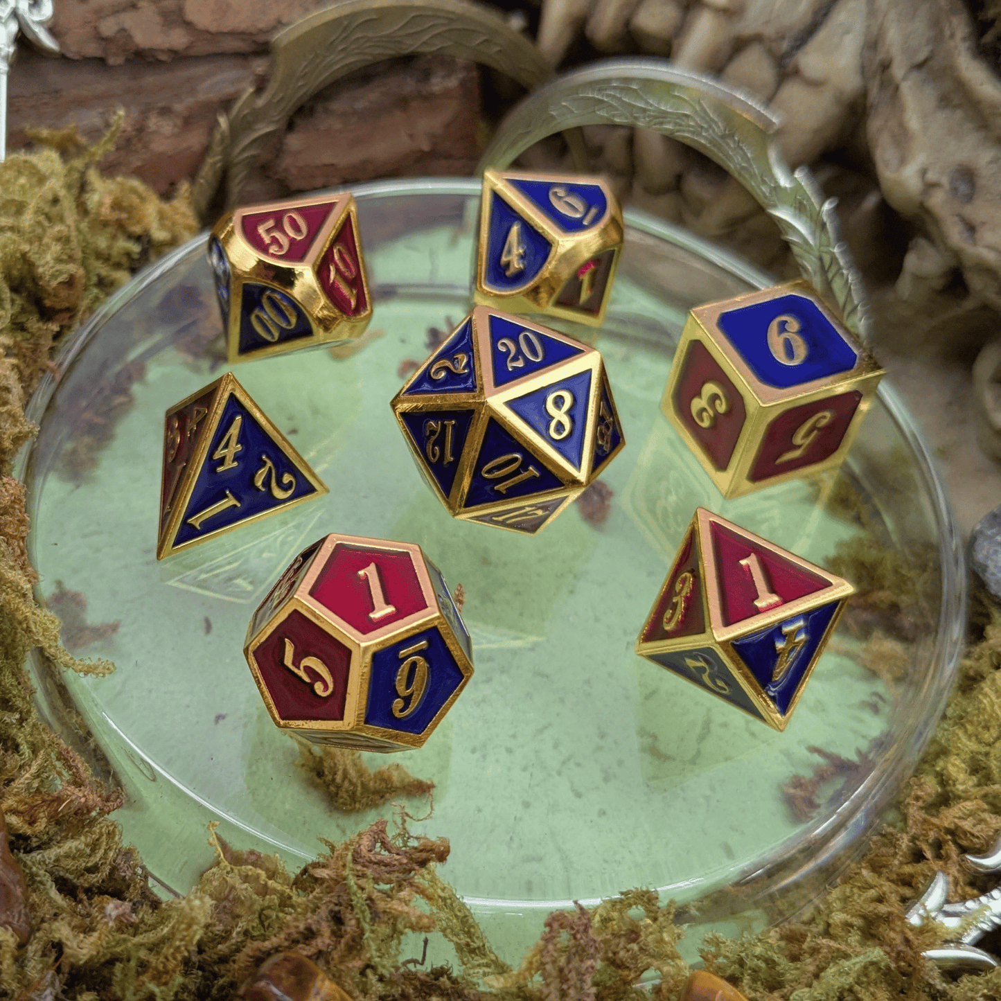 Simple Red Blue and Gold Metal Core Dice Set