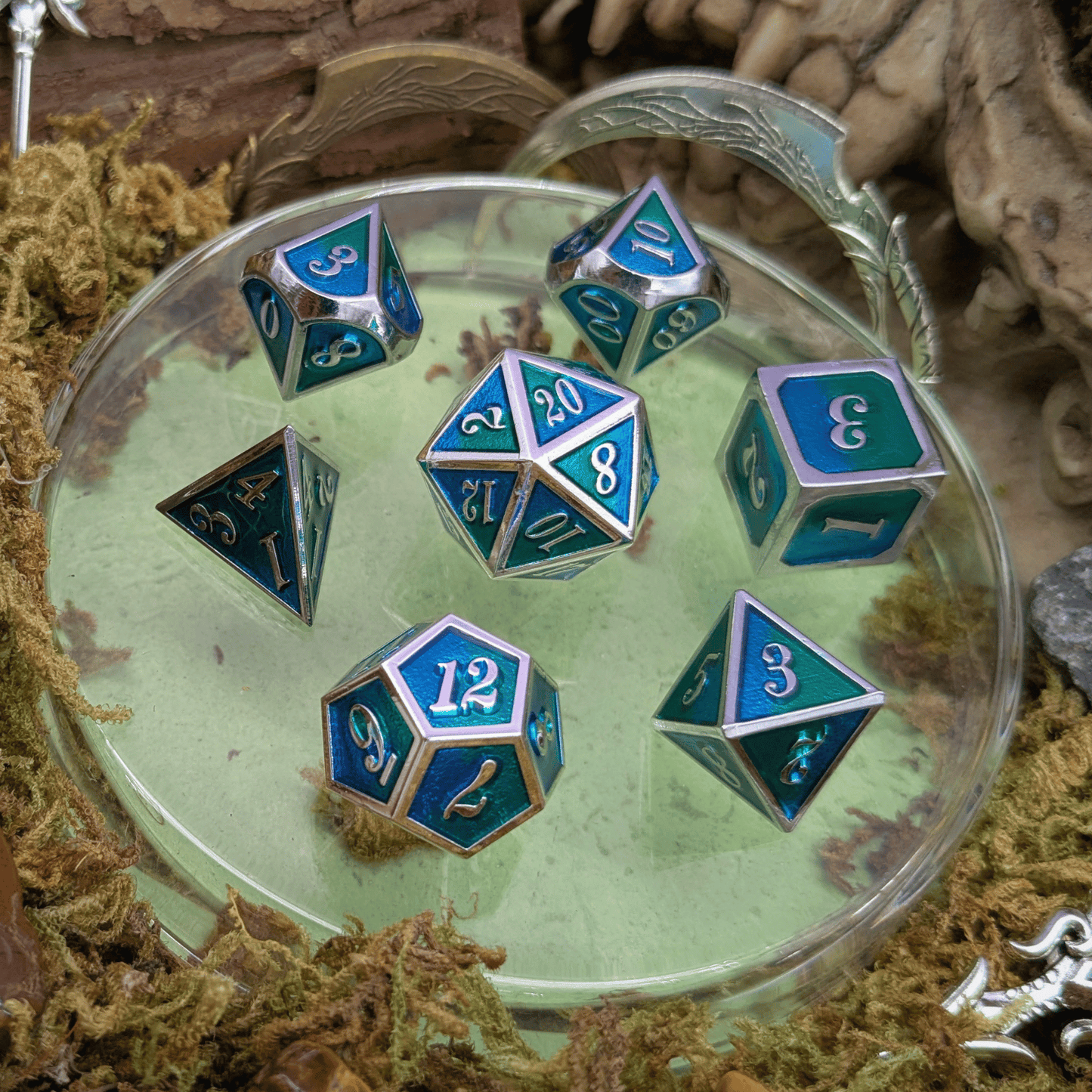 Dual Tone Green Blue and Silver Metal Core Dice Set