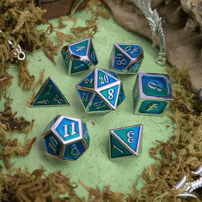 Dual Tone Green Blue and Silver Metal Core Dice Set